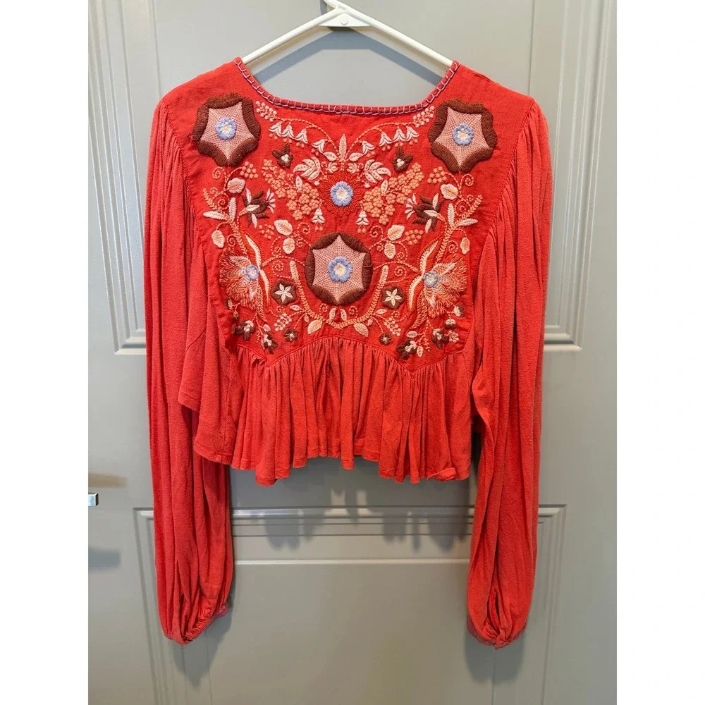 Free People Claudine Embroidered Long Sleeve Blouse Top Orange Size XS